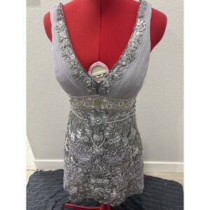 Sue Wong Nocturne Beaded Dress 4 Silver Floral Embroidery Party Cocktail